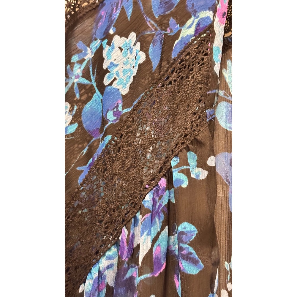 Express Floral Kimono Cardigan Blue Purple Lace Crochet Trim Sheer Chiffon XS - Picture 5 of 7